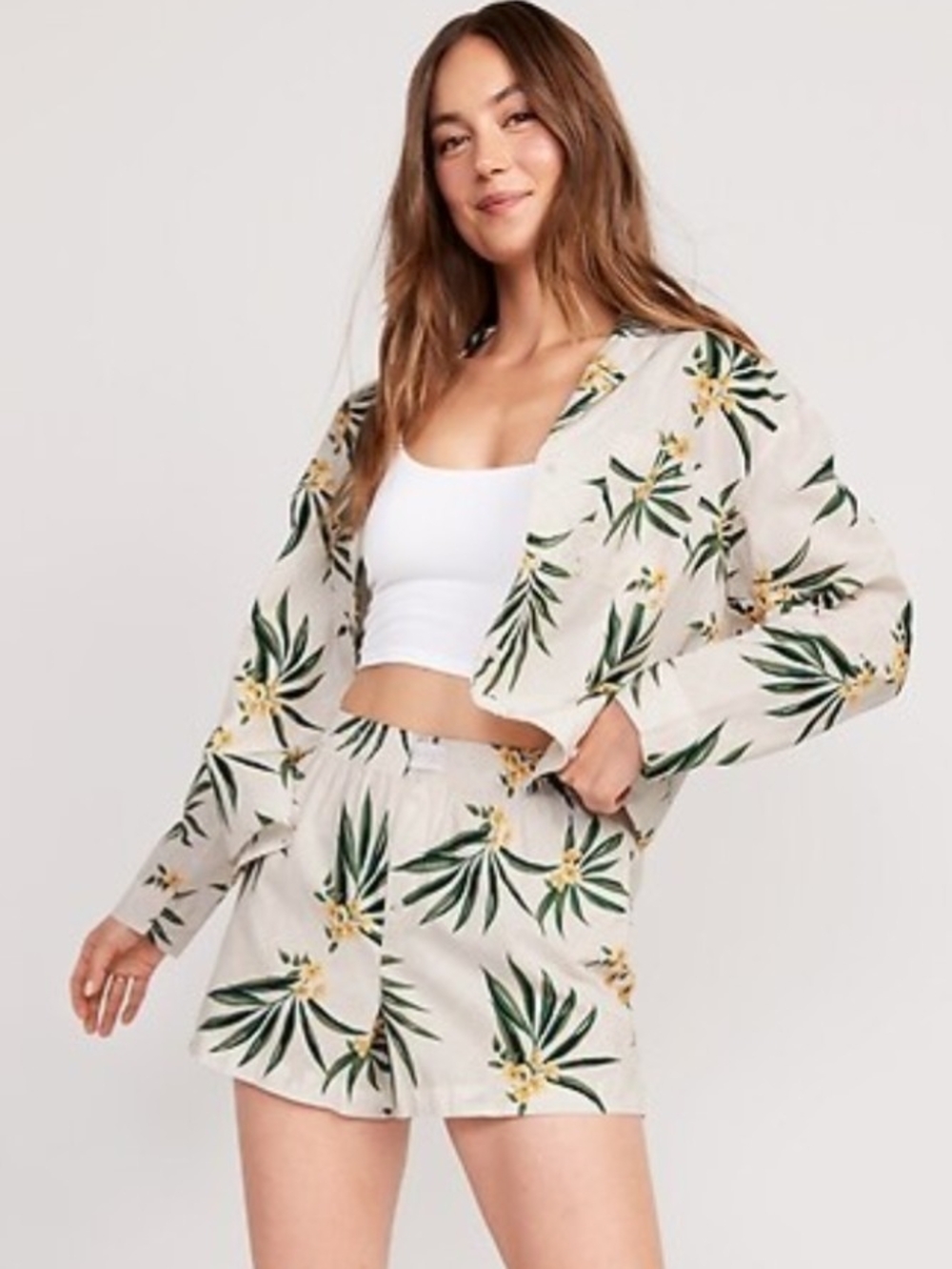 NWT Old Navy Tropical Floral 100% Cotton Green Leaves Yellow Blooms